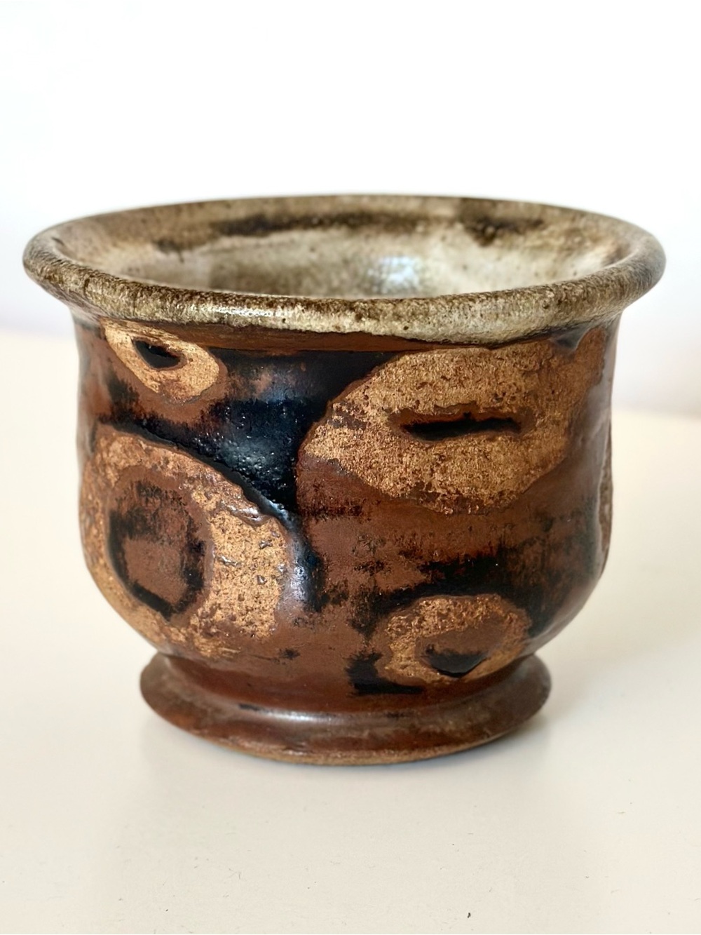 Studio Art Pottery Handle-Less Mug Abstract Glaze Flared Rim Footed Cup Signed